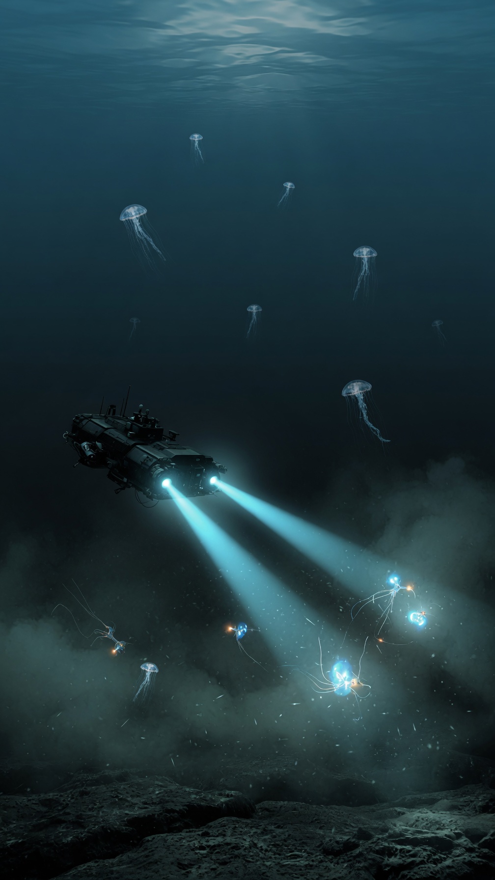 Silhouette of the submersible descending toward a faintly glowing seabed