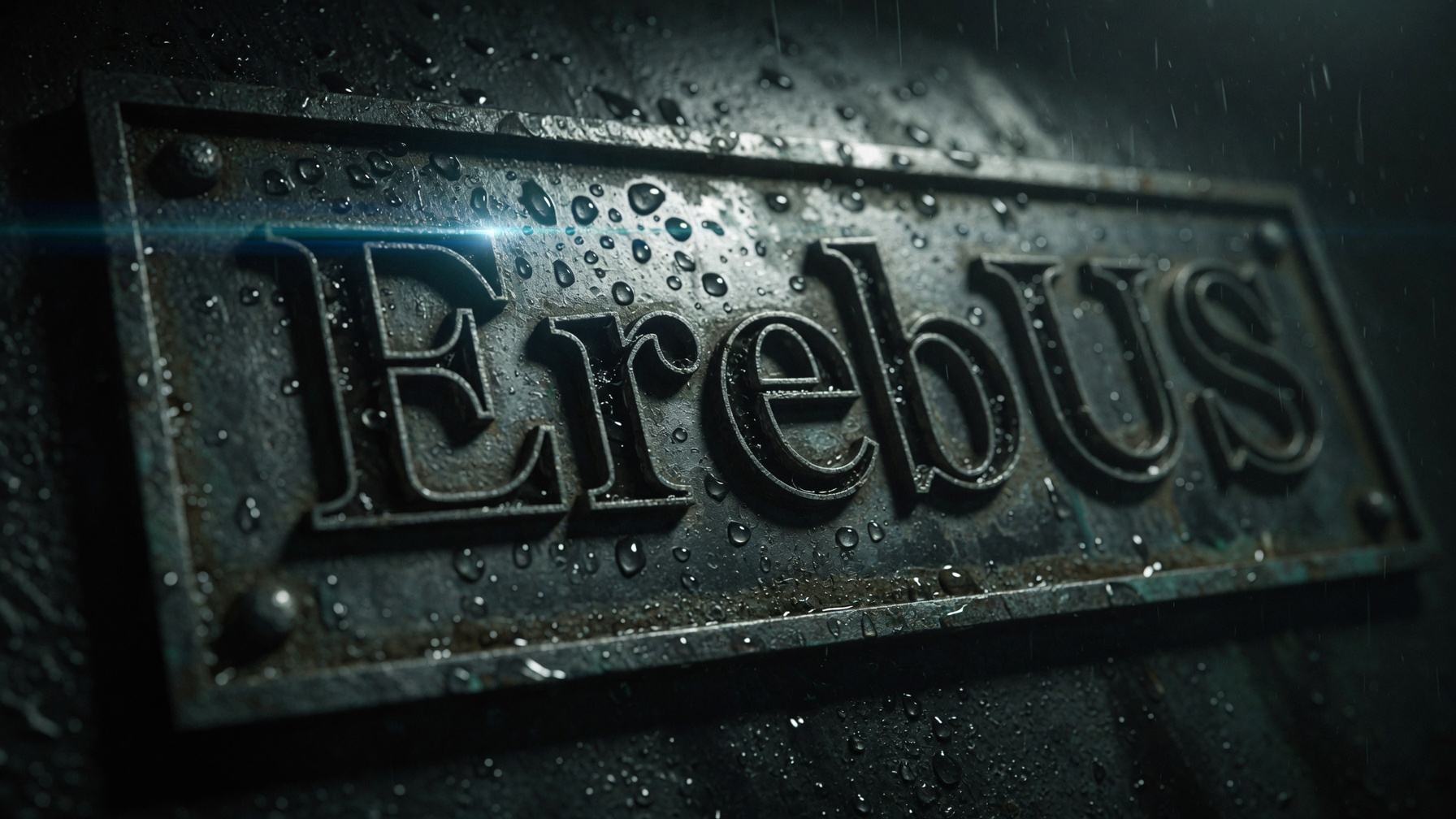 Corroded metal nameplate recovered from the seabed, its engraved lettering irregular