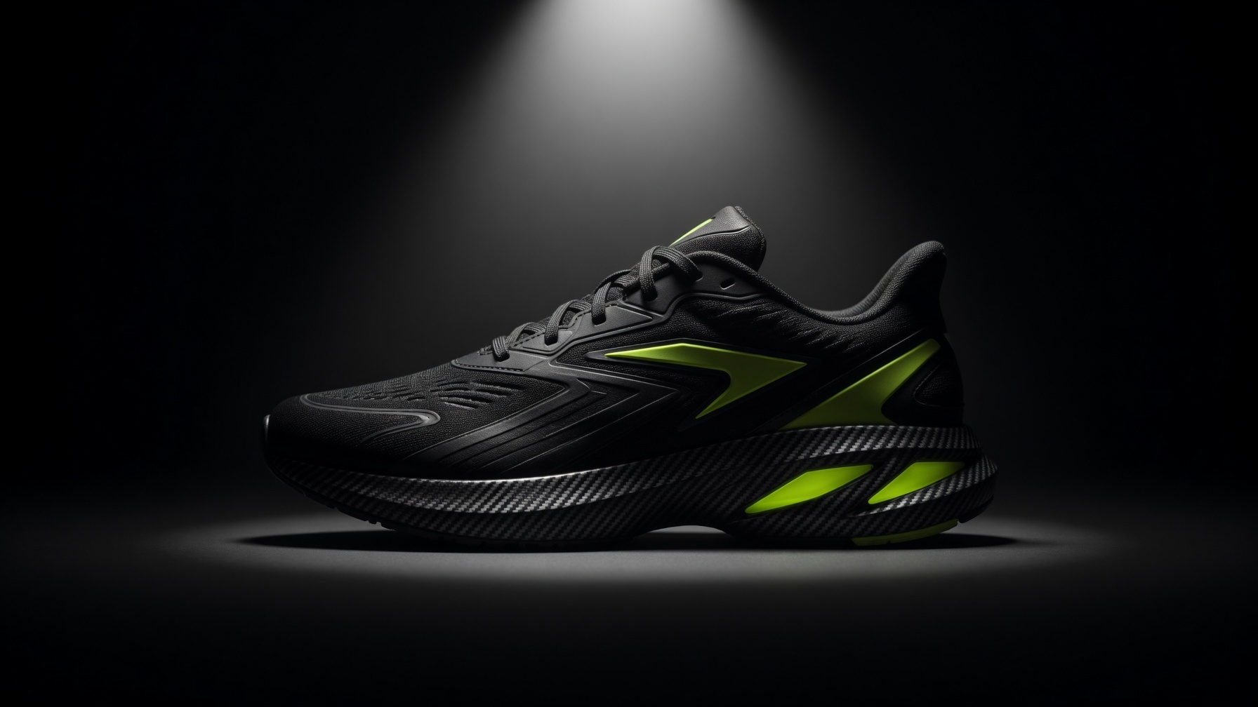 APEX ONE studio still: matte black running shoe with volt green accents on dark ground