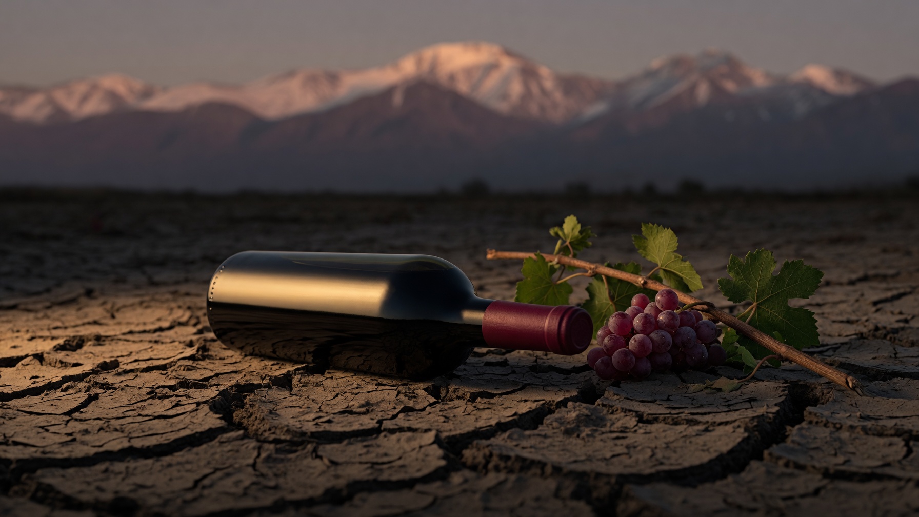 Botella de Malbec sobre la tierra agrietada del Valle de Uco, con los Andes al atardecer