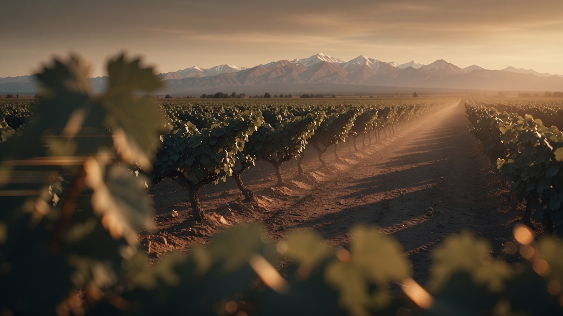 Hileras del viñedo a la hora dorada, con la cordillera de fondo