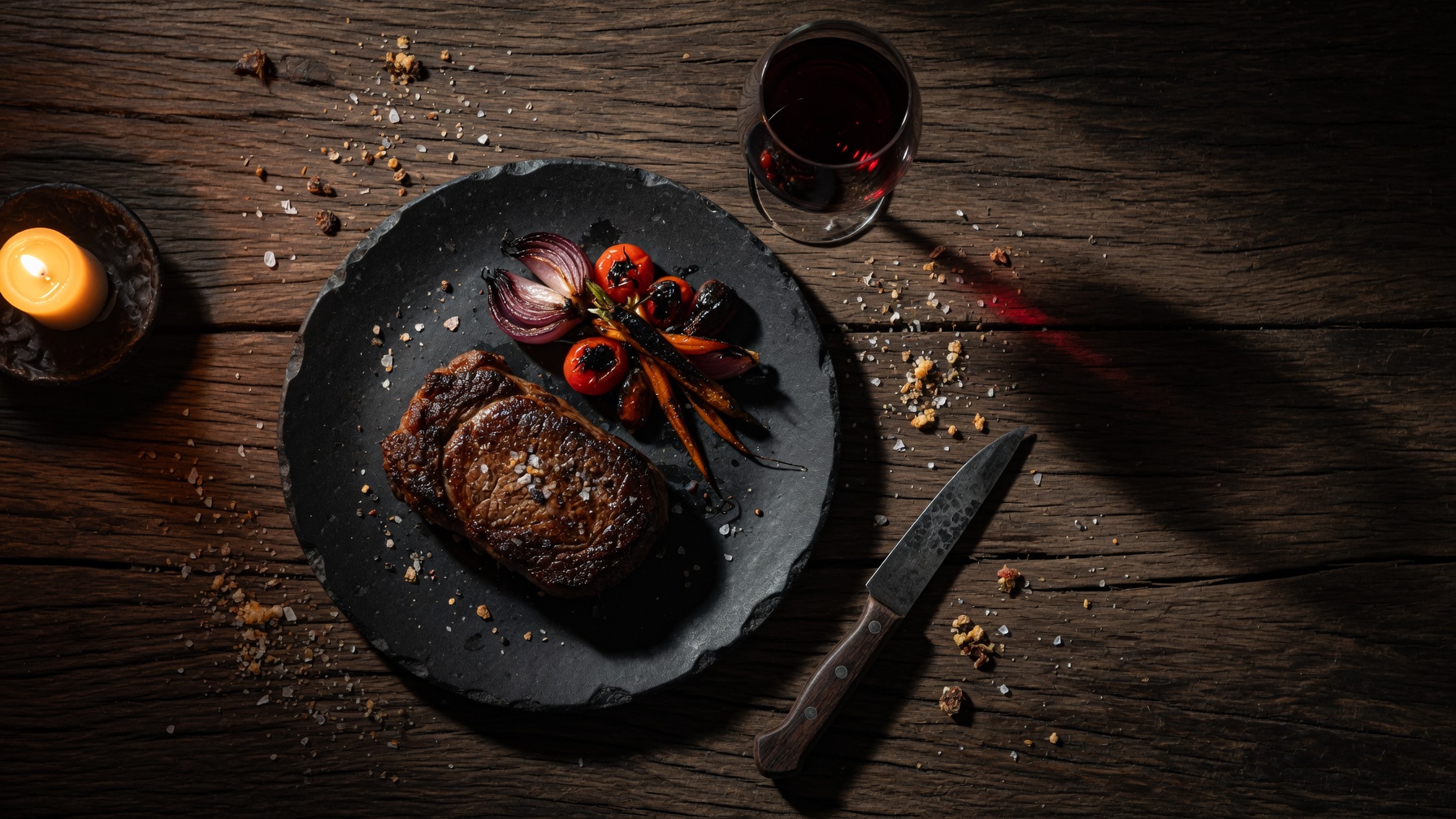 Mesa servida en penumbra: ojo de bife, copa de Malbec y una vela encendida