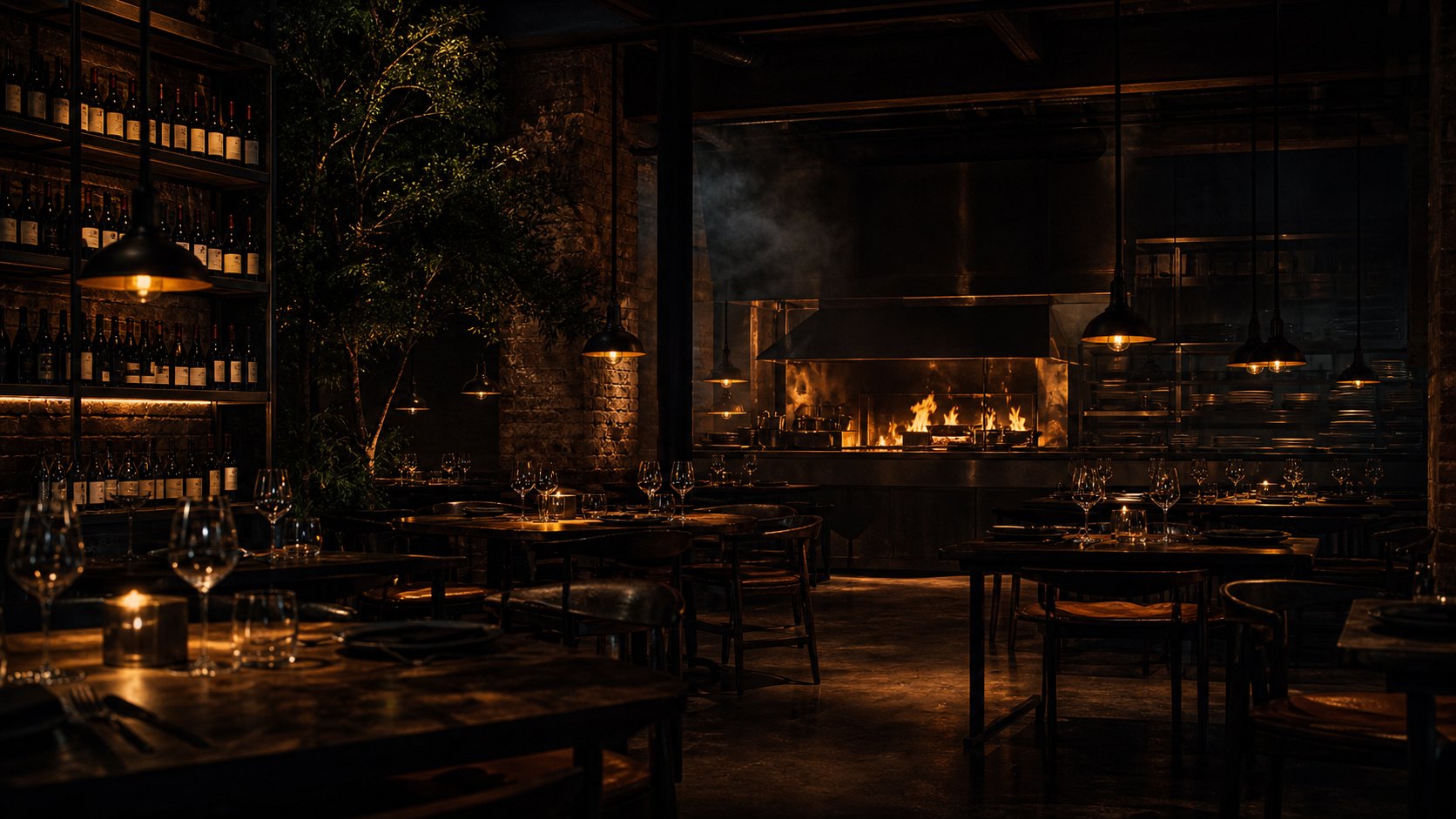 Salón en penumbra con mesas iluminadas a vela y cocina de fuego abierto al fondo