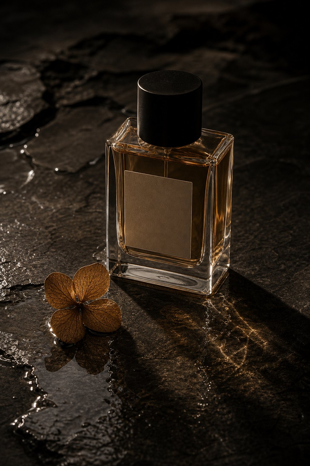 The ÉTER flacon, a faceted amber bottle resting on wet black stone beside a dried flower, lit by golden light