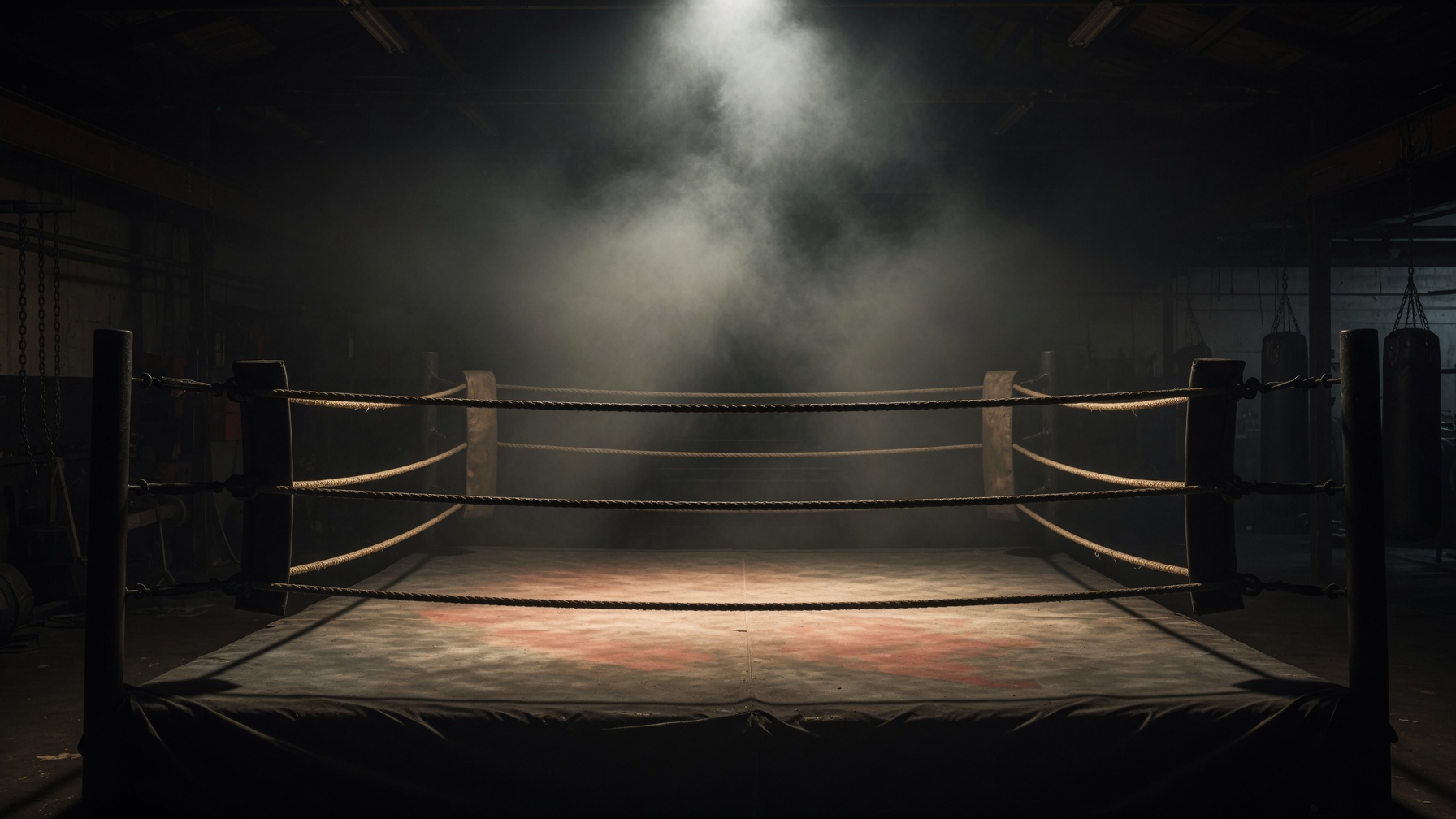 Ring de boxeo vacío bajo un cono de luz en el galpón de FORJA