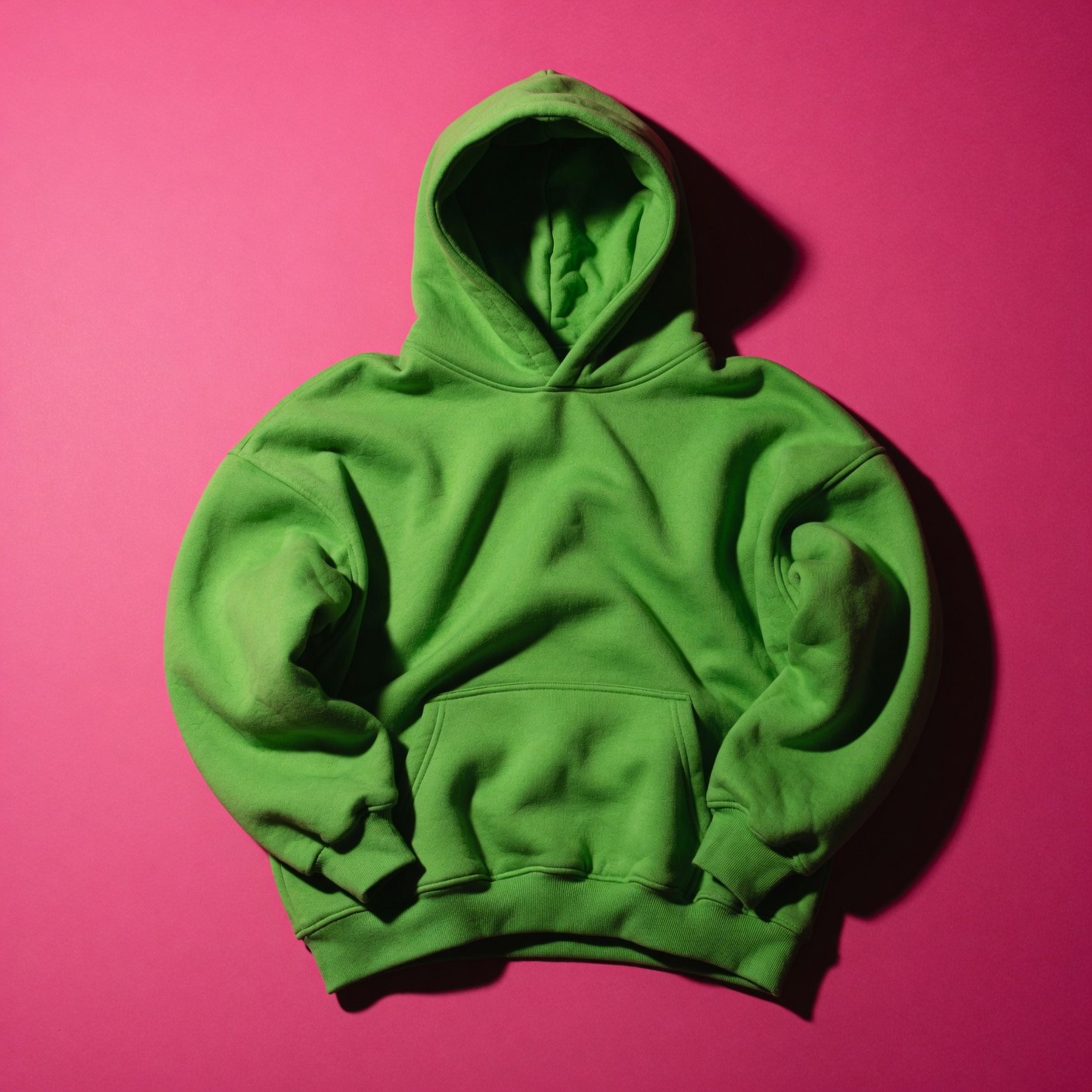 Buzo con capucha verde slime sobre fondo rosa chicle