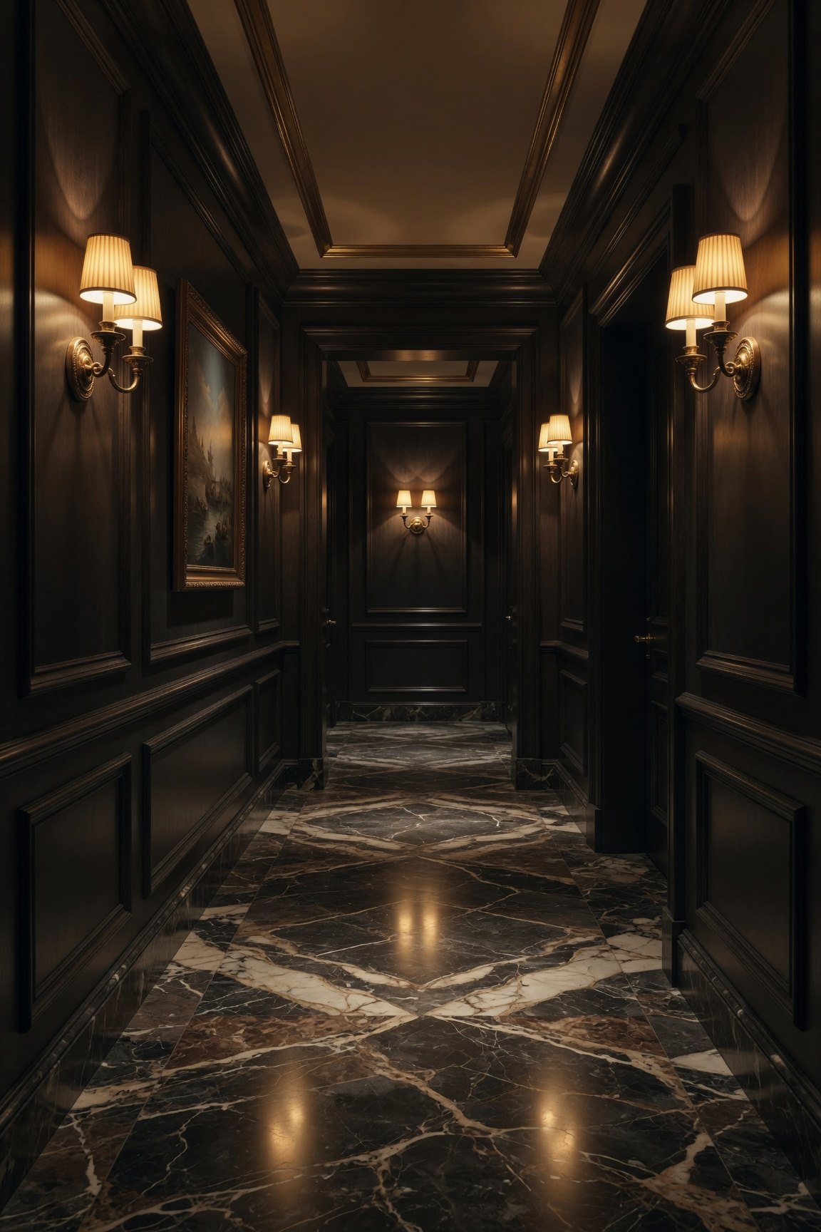 Pasillo de boiserie oscura con apliques de bronce encendidos y piso de mármol