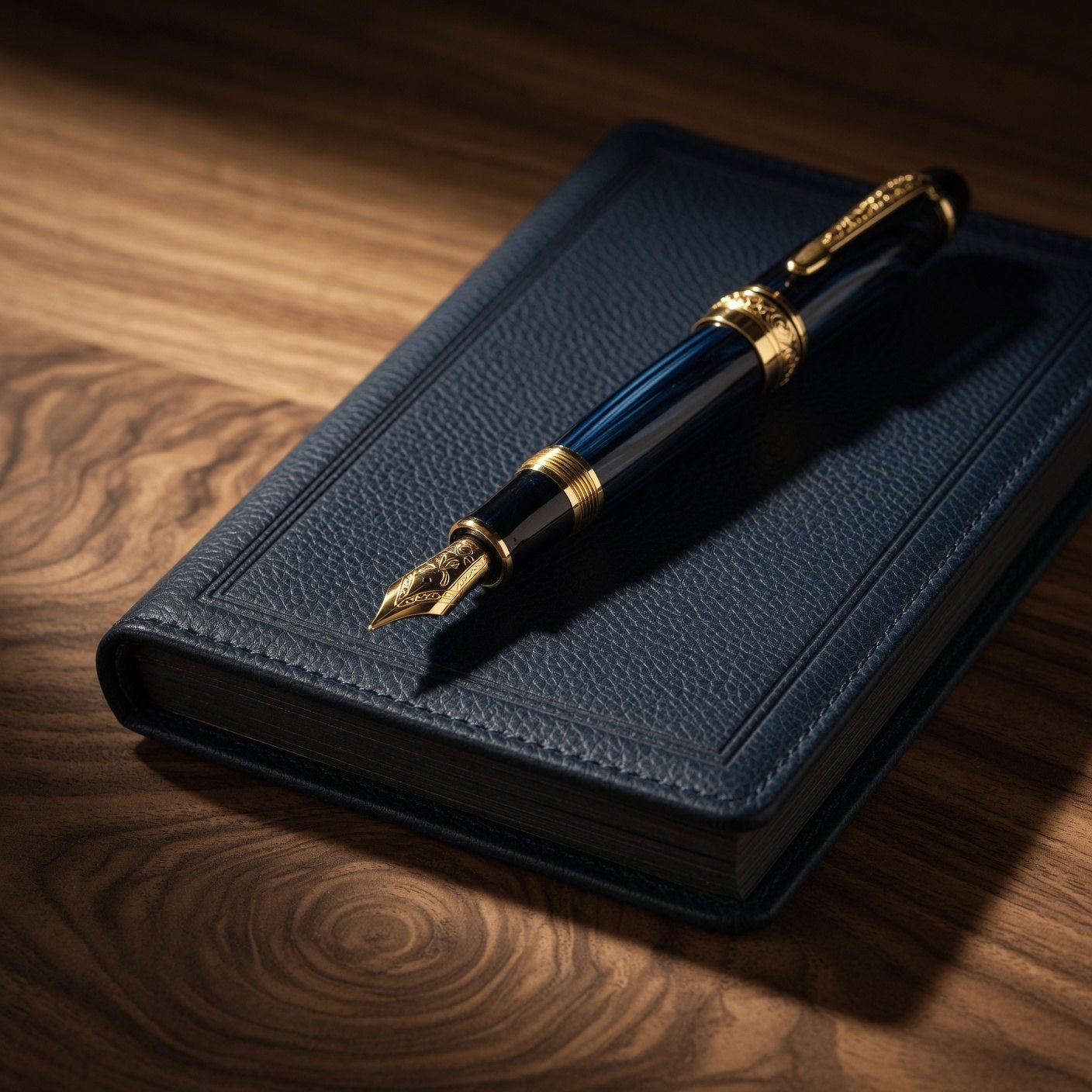 Pluma estilográfica con detalles dorados apoyada sobre un cuaderno de cuero azul