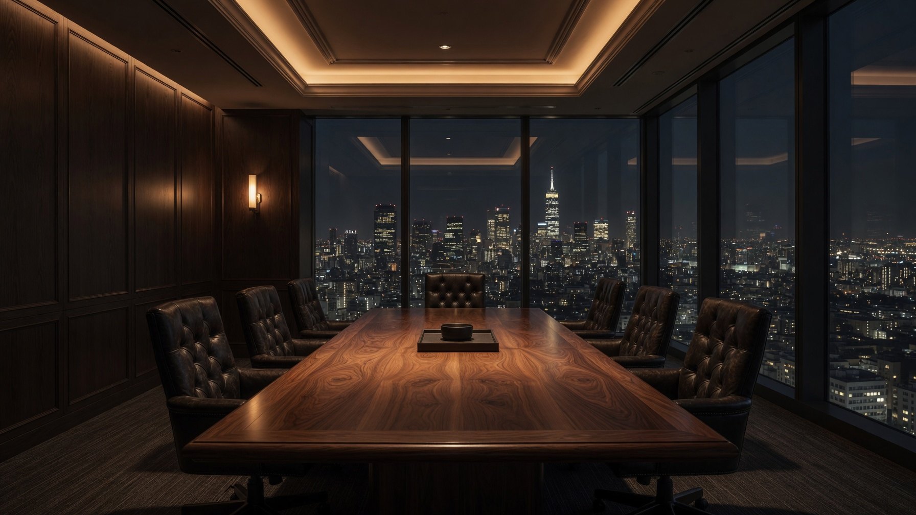 Sala de reuniones con mesa de nogal y sillones de cuero frente a un ventanal con la ciudad iluminada de noche