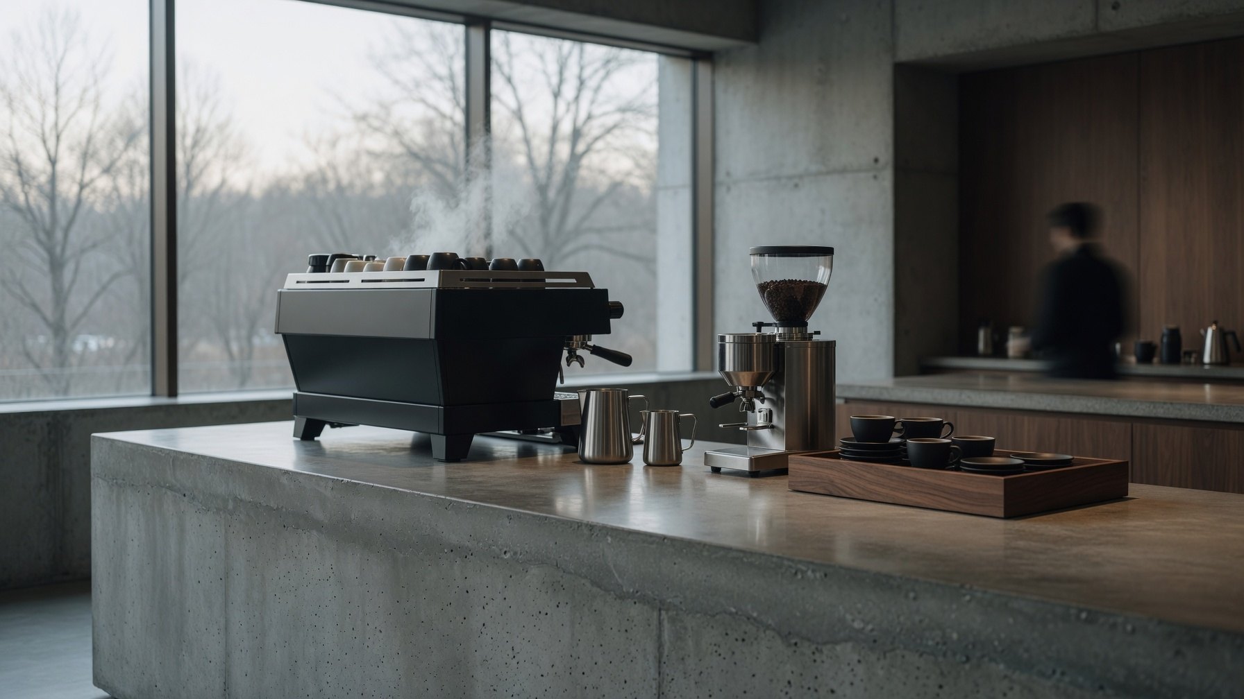Vista de la barra de hormigón con máquina de espresso negra, jarras de acero y bandeja de madera con tazas negras