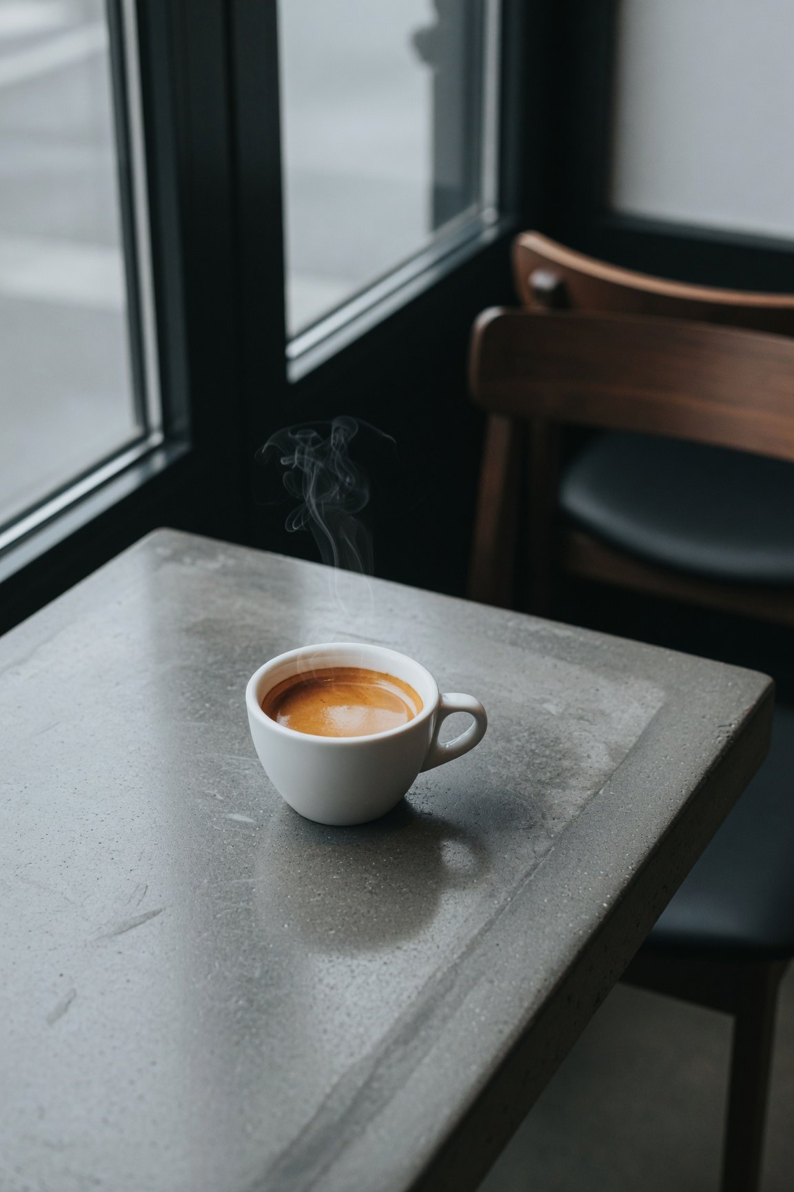 Cortado en taza blanca sobre una mesa de hormigón junto a la ventana, con un hilo fino de vapor