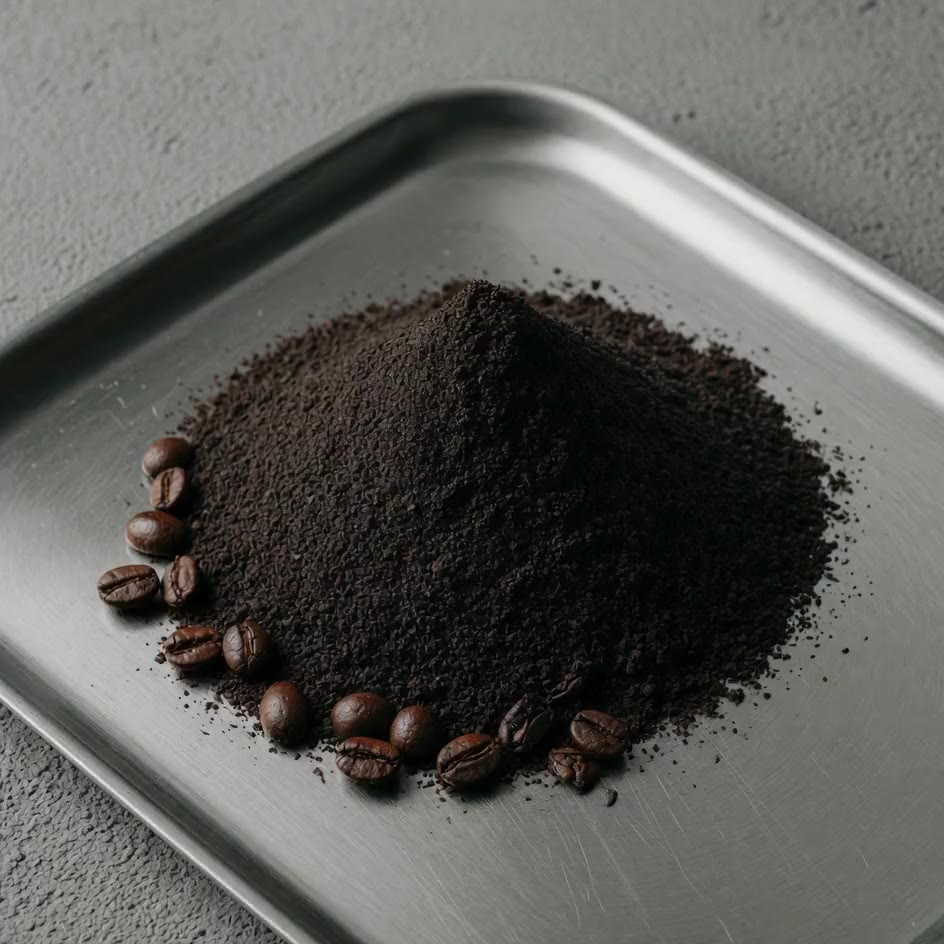 Molienda, café recién molido girando sobre una bandeja de acero