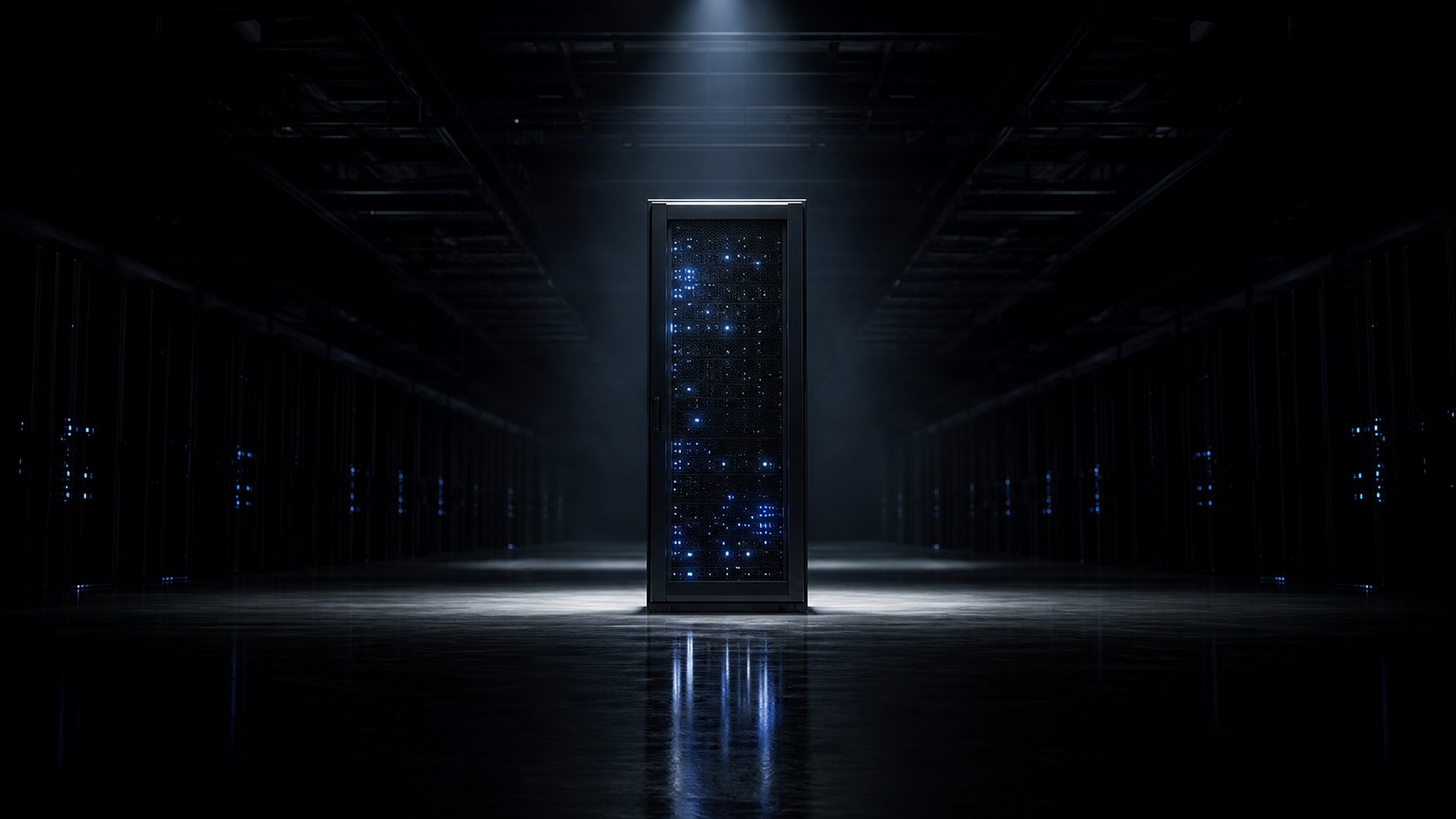 Rack de servidores iluminado en una sala de datacenter