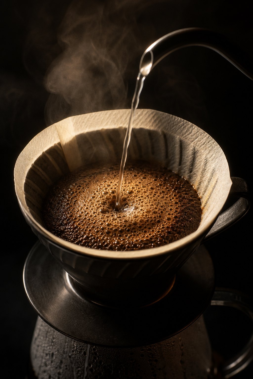 Vertido en V60: el agua florece sobre el café molido durante el bloom