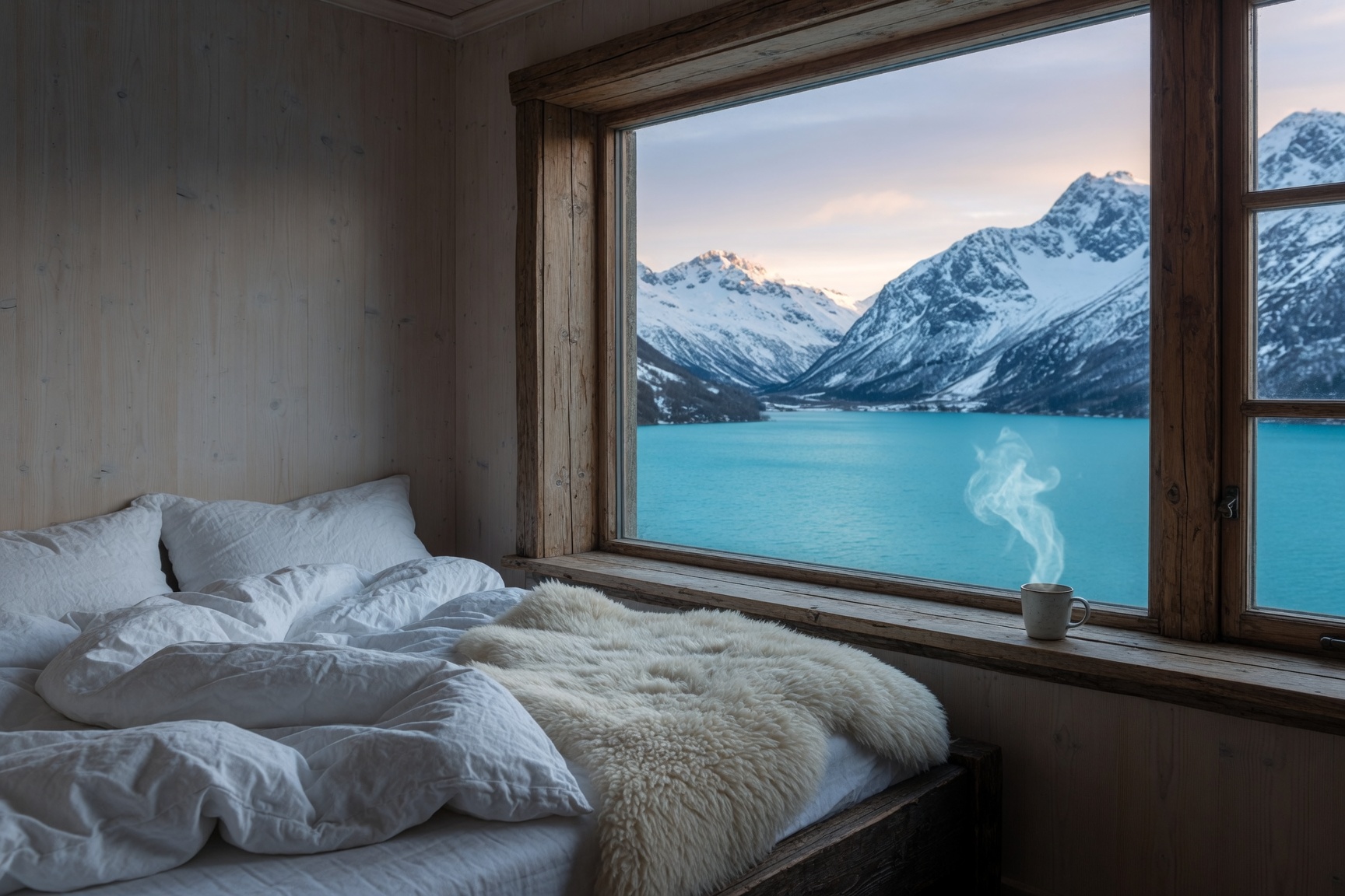 Dormitorio de la cabaña con ventanal hacia el lago y los picos nevados