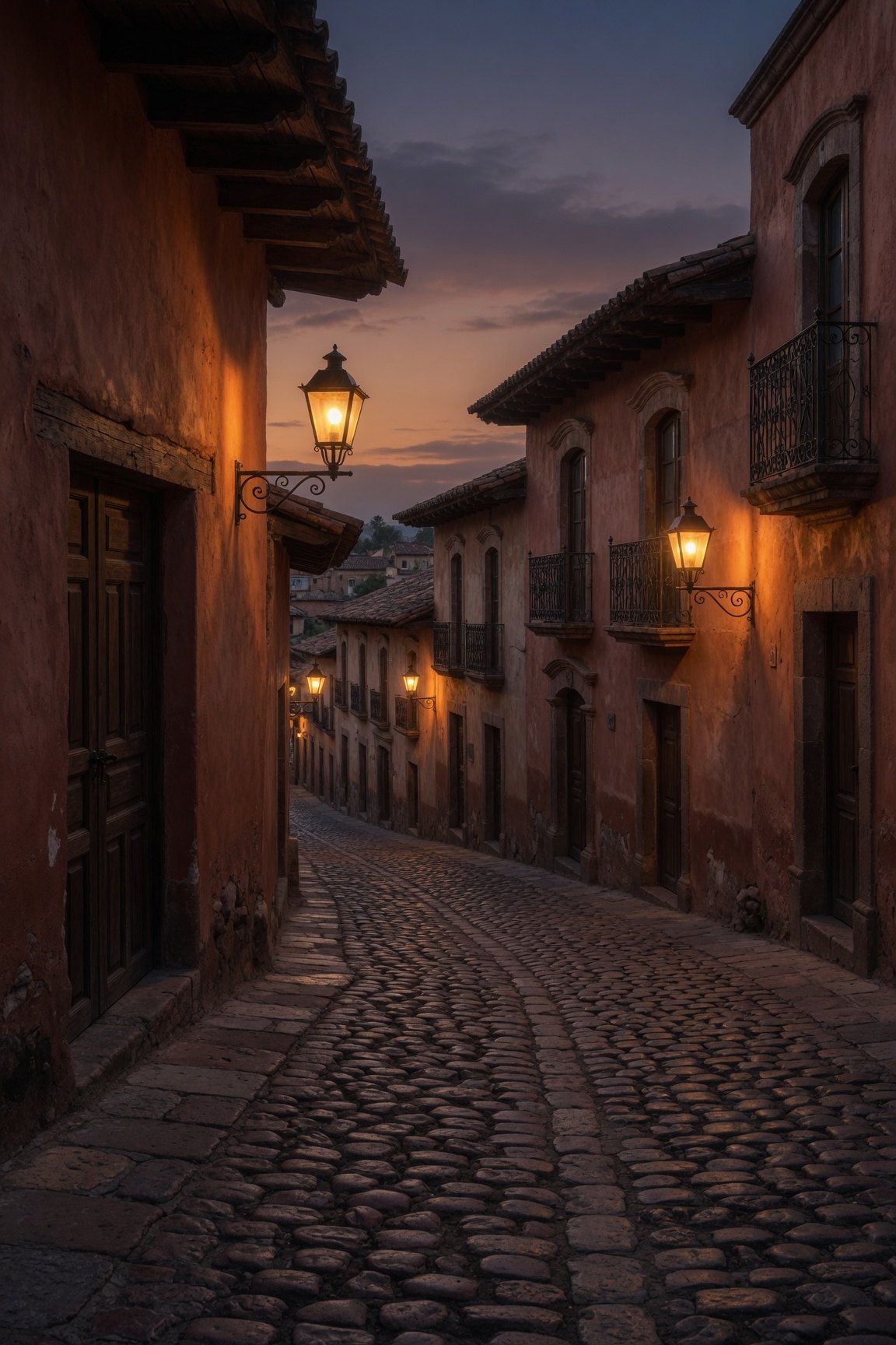 Calle colonial empedrada al anochecer, con faroles encendidos y fachadas de tierra roja