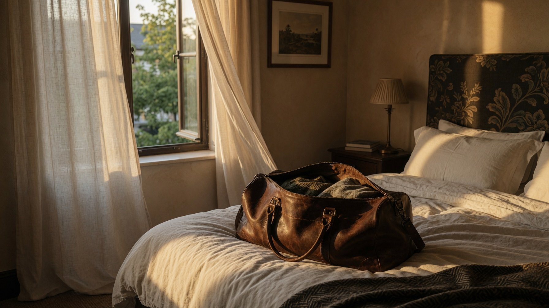 Habitación de hotel boutique con un bolso de cuero abierto sobre la cama y luz de atardecer entrando por la ventana