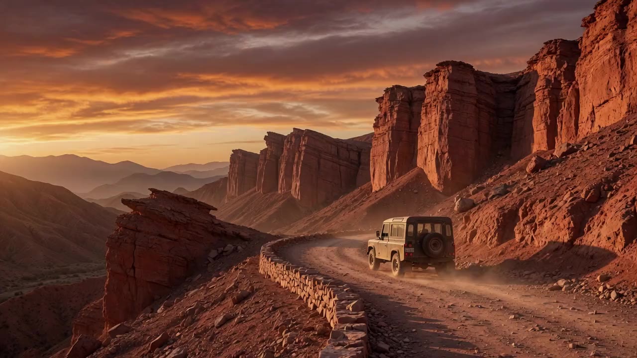 Rumbo, camino de montaña al atardecer en el norte argentino
