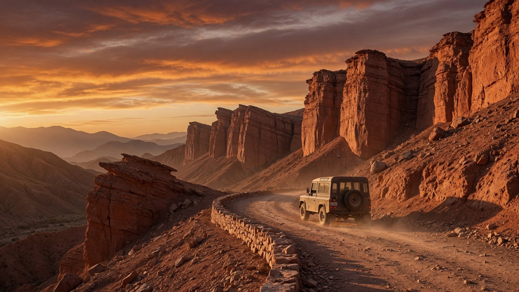 Camino de cornisa entre paredones rojos del norte argentino, con una camioneta a lo lejos bajo el cielo del atardecer