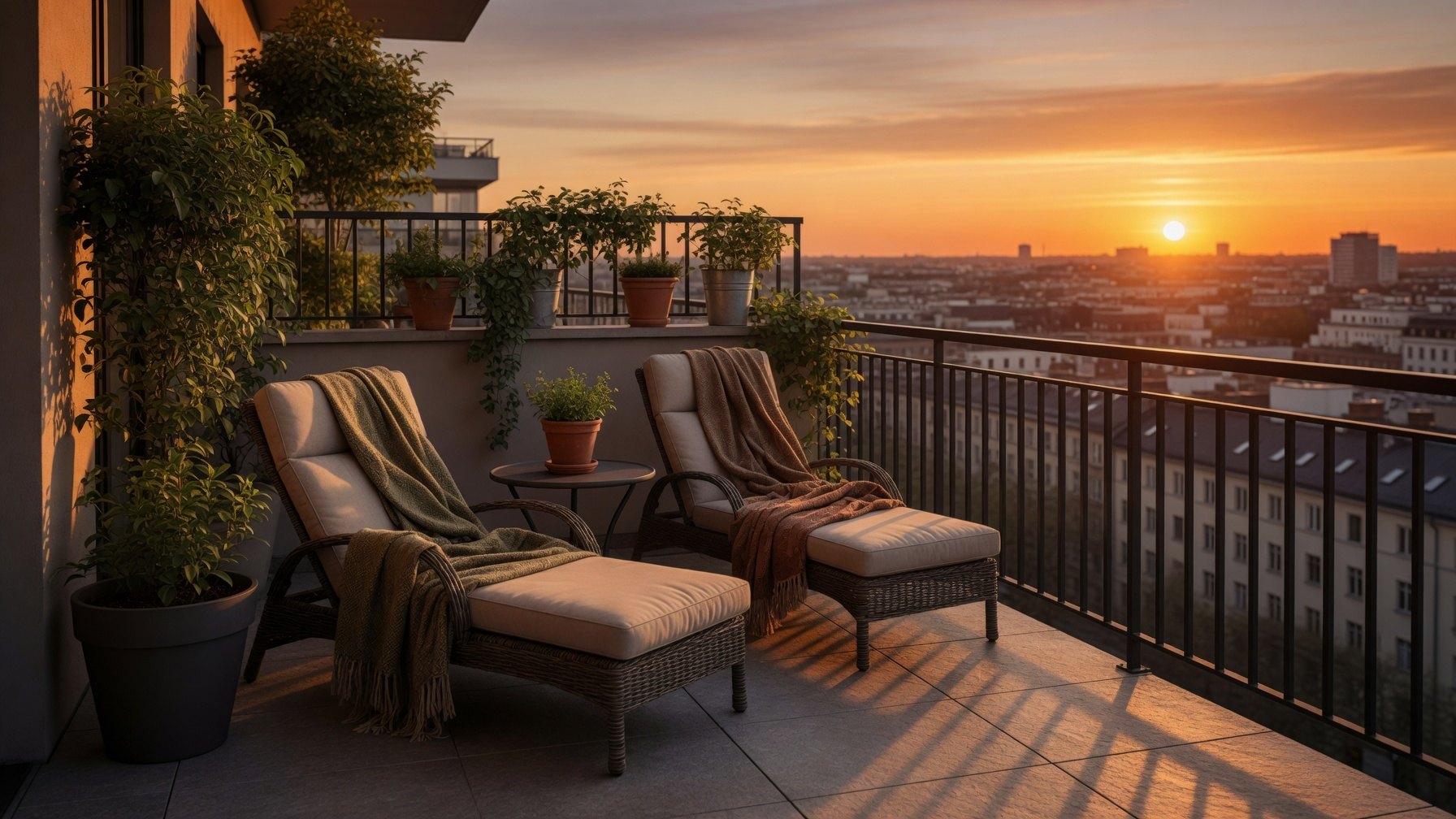 Terraza con reposeras, plantas en macetas y vista abierta a la ciudad durante el atardecer