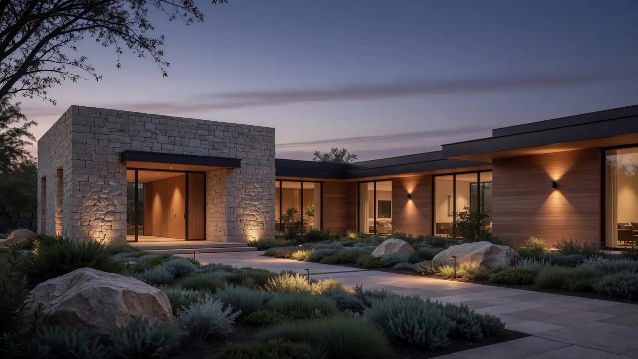 Solar, casa moderna de piedra y madera al anochecer