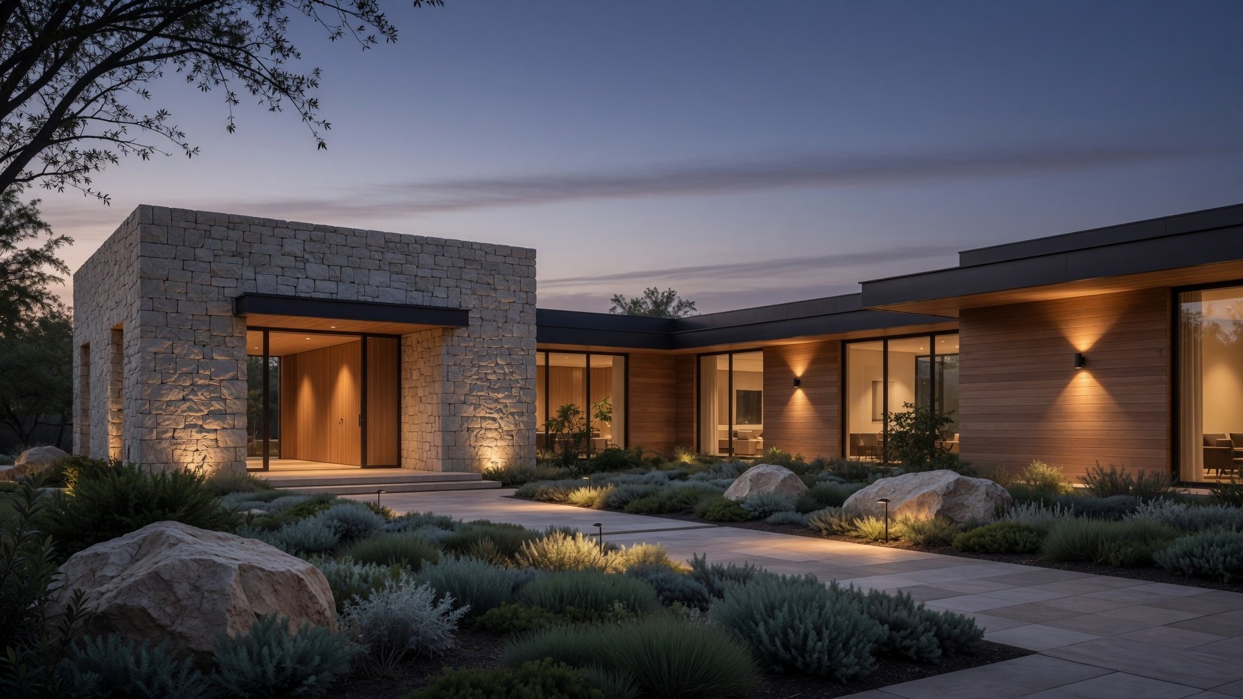Fachada de casa moderna de piedra y madera al atardecer