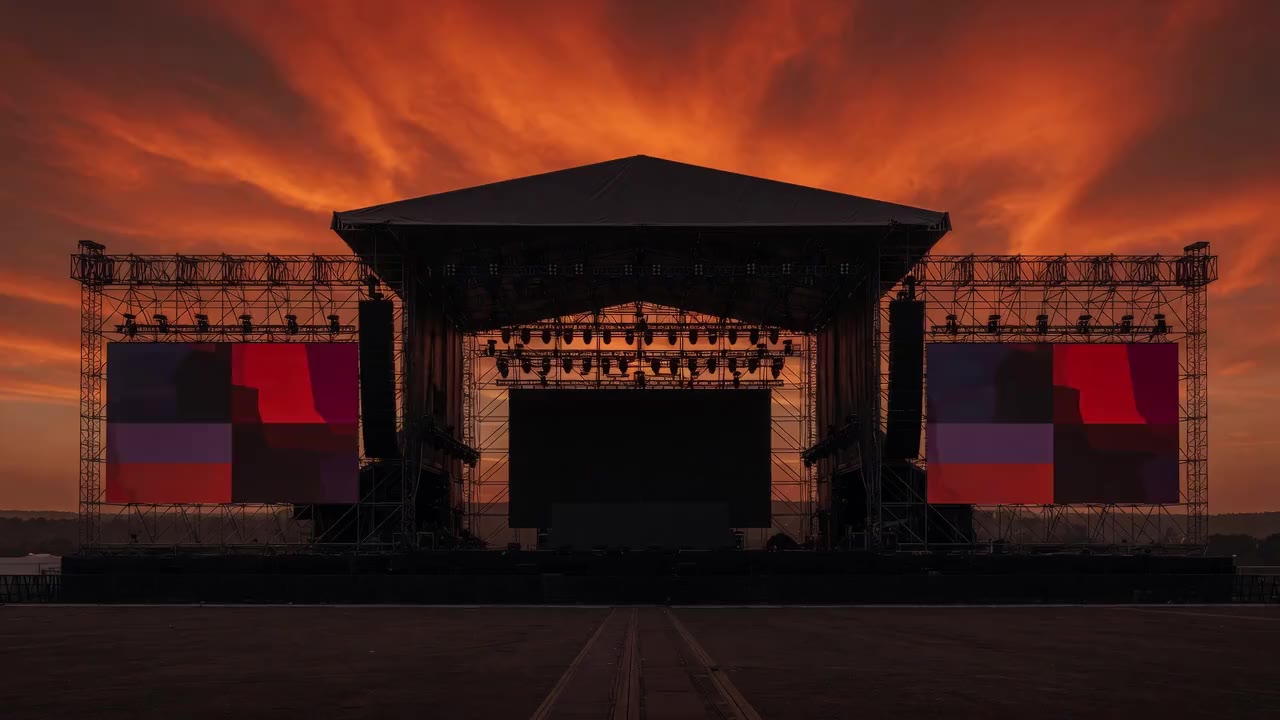 Umbral, escenario del festival al atardecer con pantallas encendiéndose