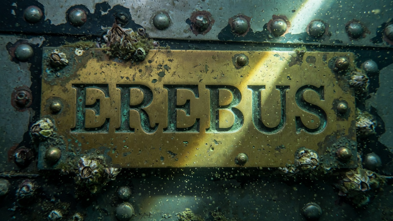 Restored metal nameplate engraved EREBUS, cleaned of corrosion, photographed under lab lighting