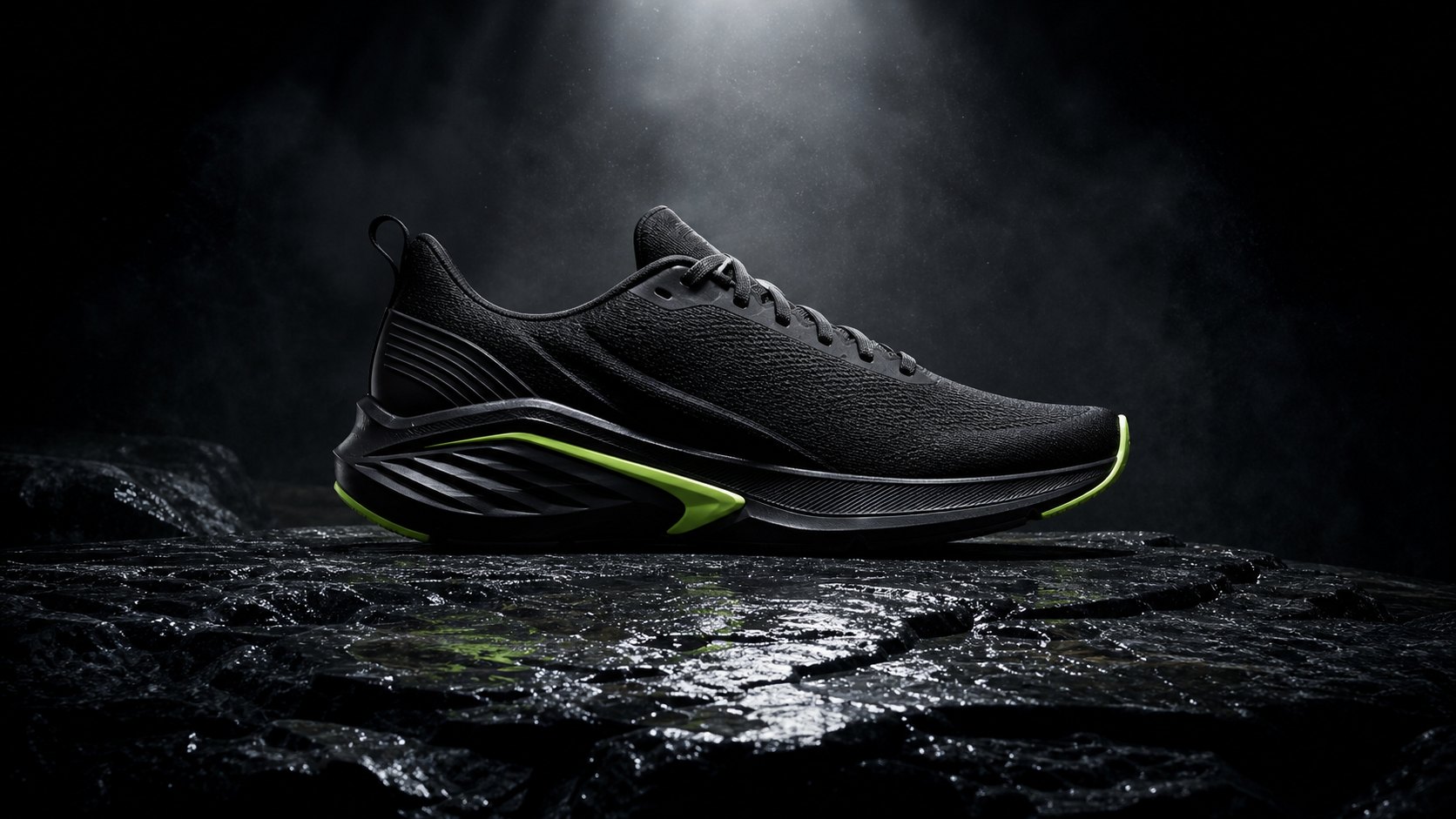 APEX ONE on wet rock: matte black running shoe with volt green accents under a single spotlight