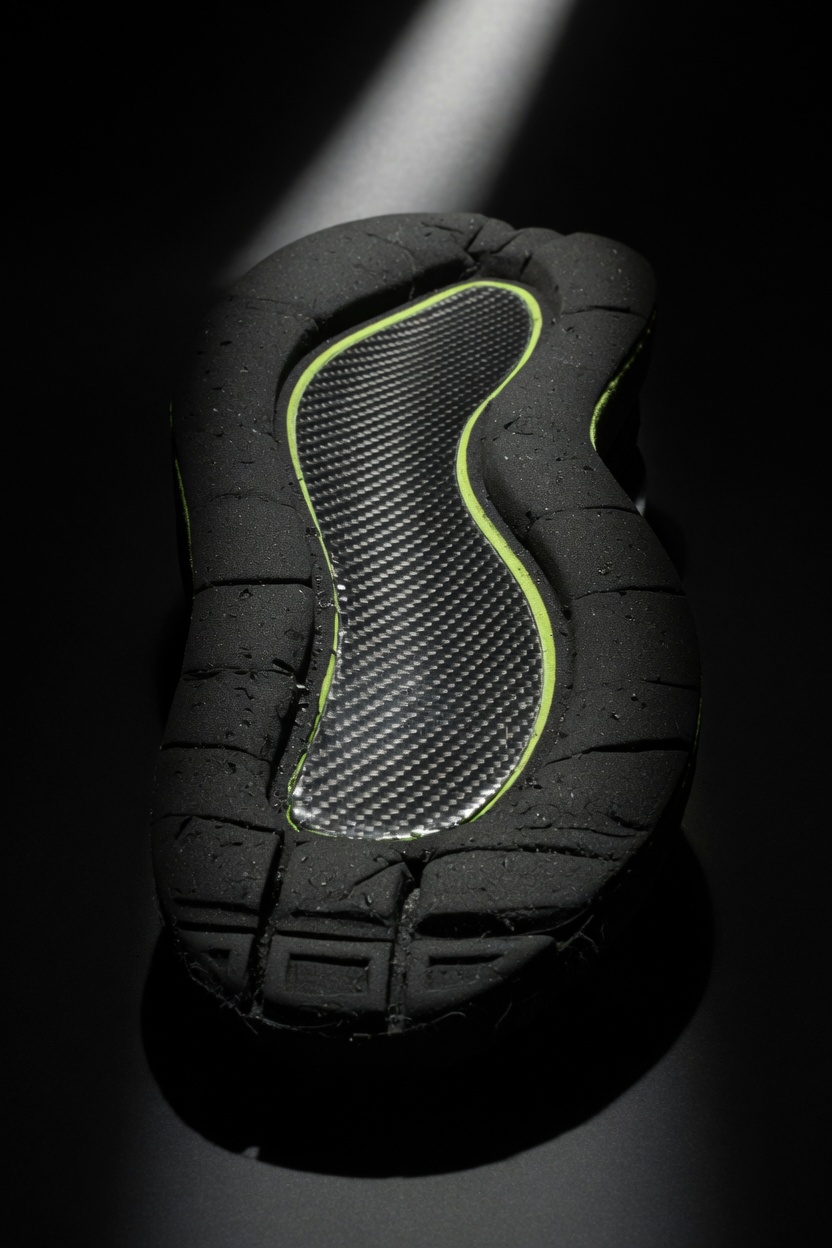 Vertical macro of the APEX ONE outsole: exposed carbon plate and volt green traction web