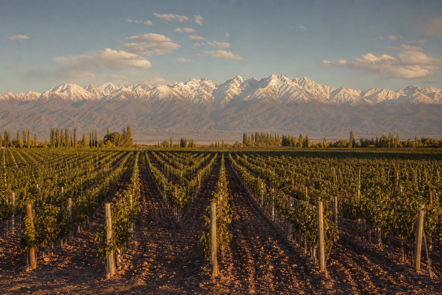 Panorámica del viñedo con la cordillera de los Andes nevada al fondo