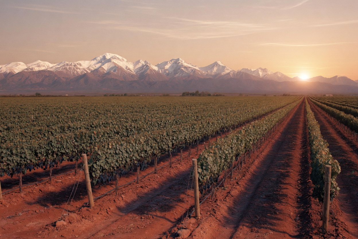 Hileras del viñedo a la hora dorada, con la cordillera de fondo