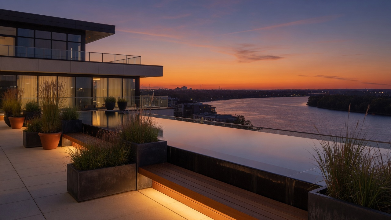 Piscina infinita del rooftop al atardecer, con reposeras y el río Paraná fundiéndose con el horizonte