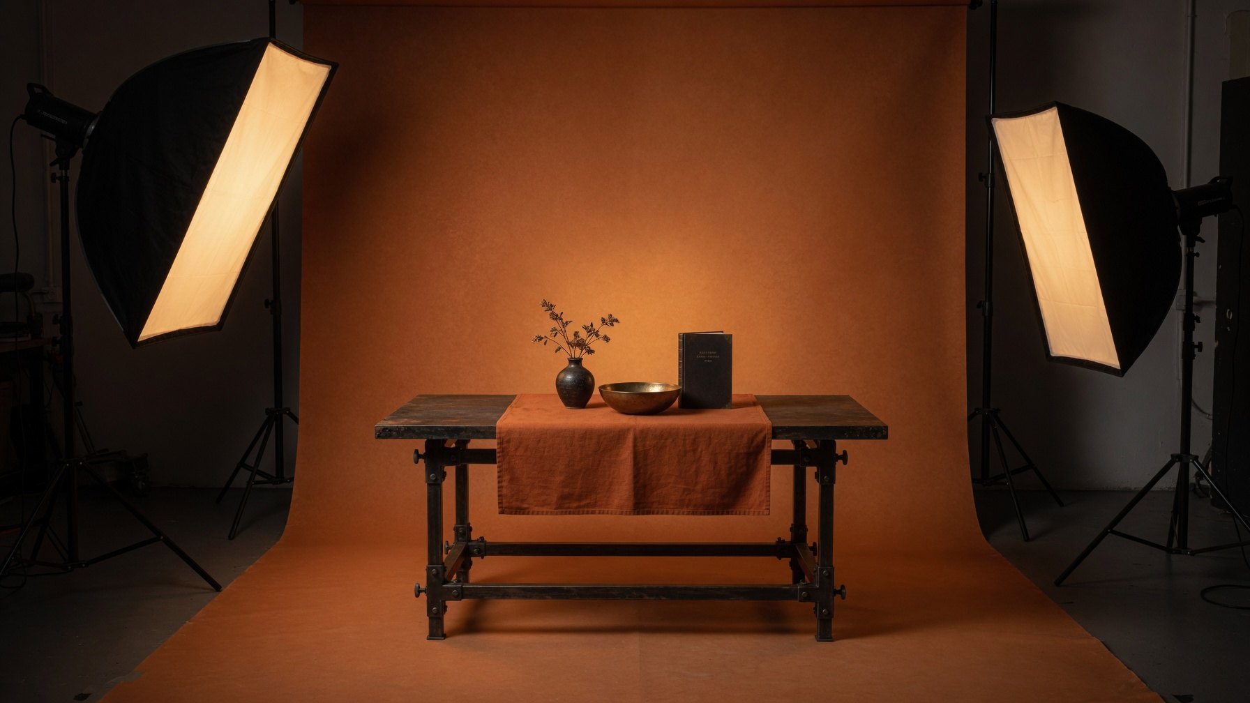 Set fotográfico del estudio con fondo terracota, mesa de hierro y dos softbox encendidos