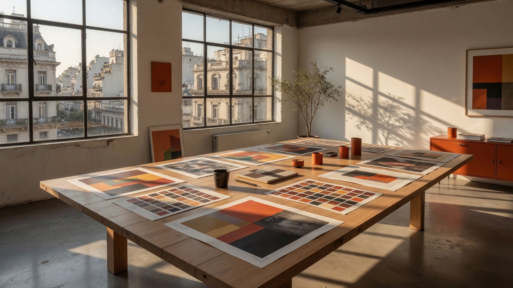 Mesa de trabajo del estudio con láminas de color naranja y pruebas impresas, junto a ventanales que dan a edificios de Buenos Aires